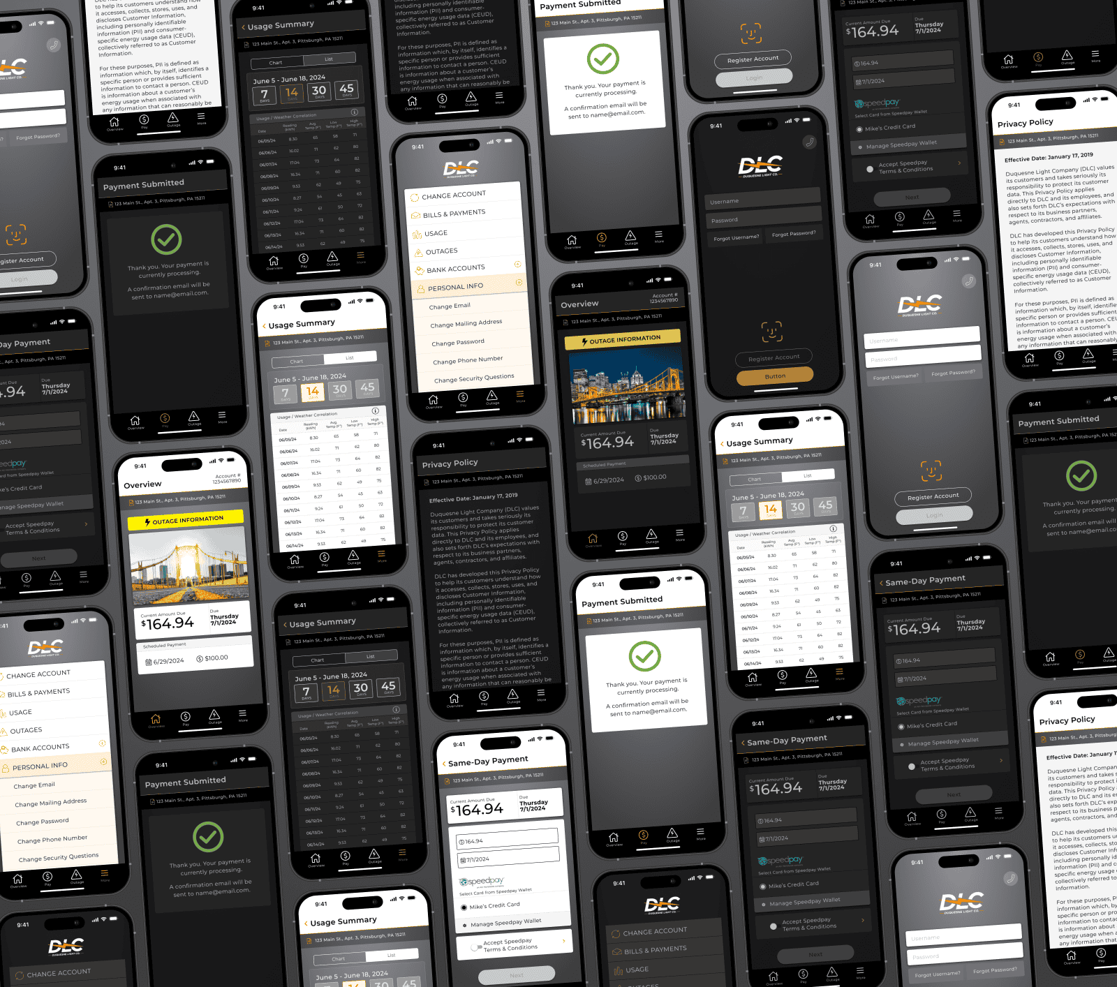 A large collection of screenshots of the Duquesne Light mobile payments application.