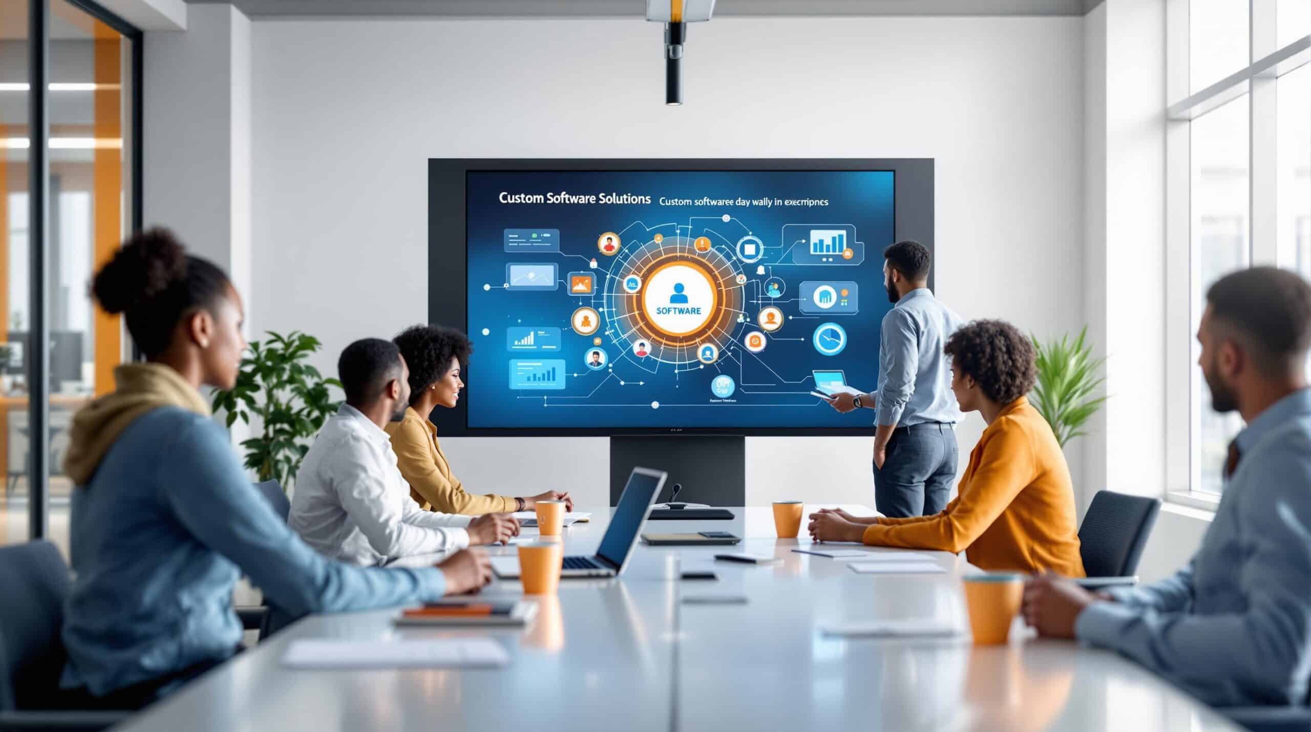 Six people are looking at a large computer screen in front of them in an office