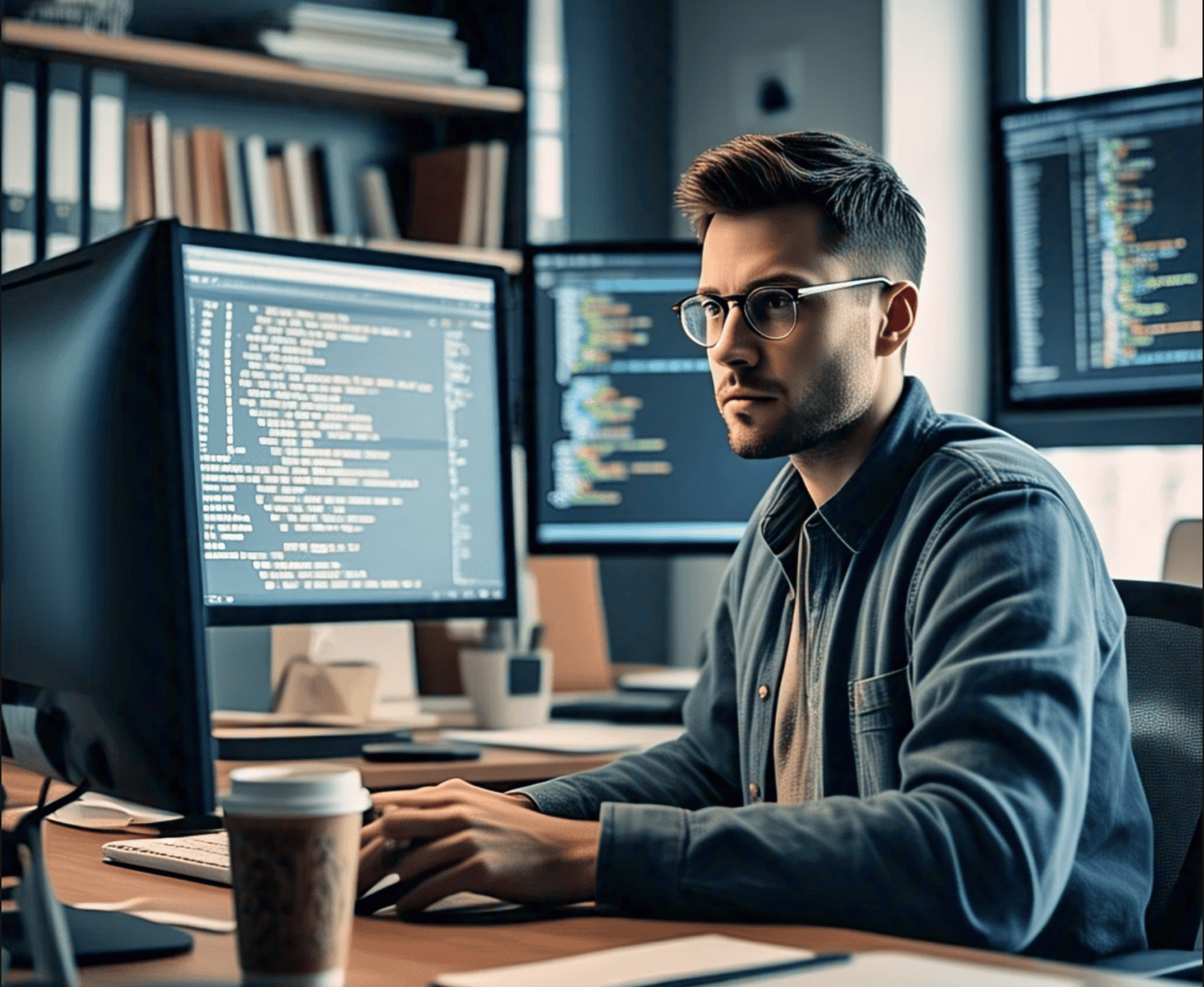 A man looking at his computer screen while writing software.