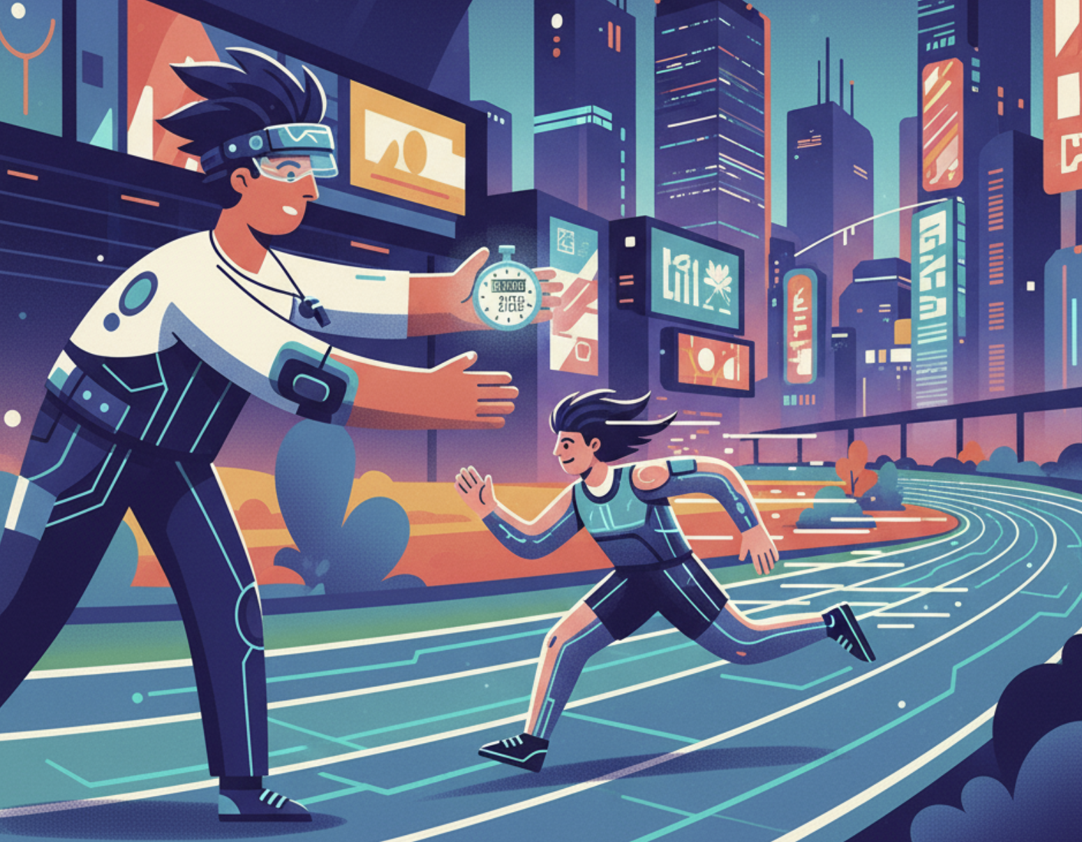 a coach holding a stop watch timing a runner on a track in a high tech anime style